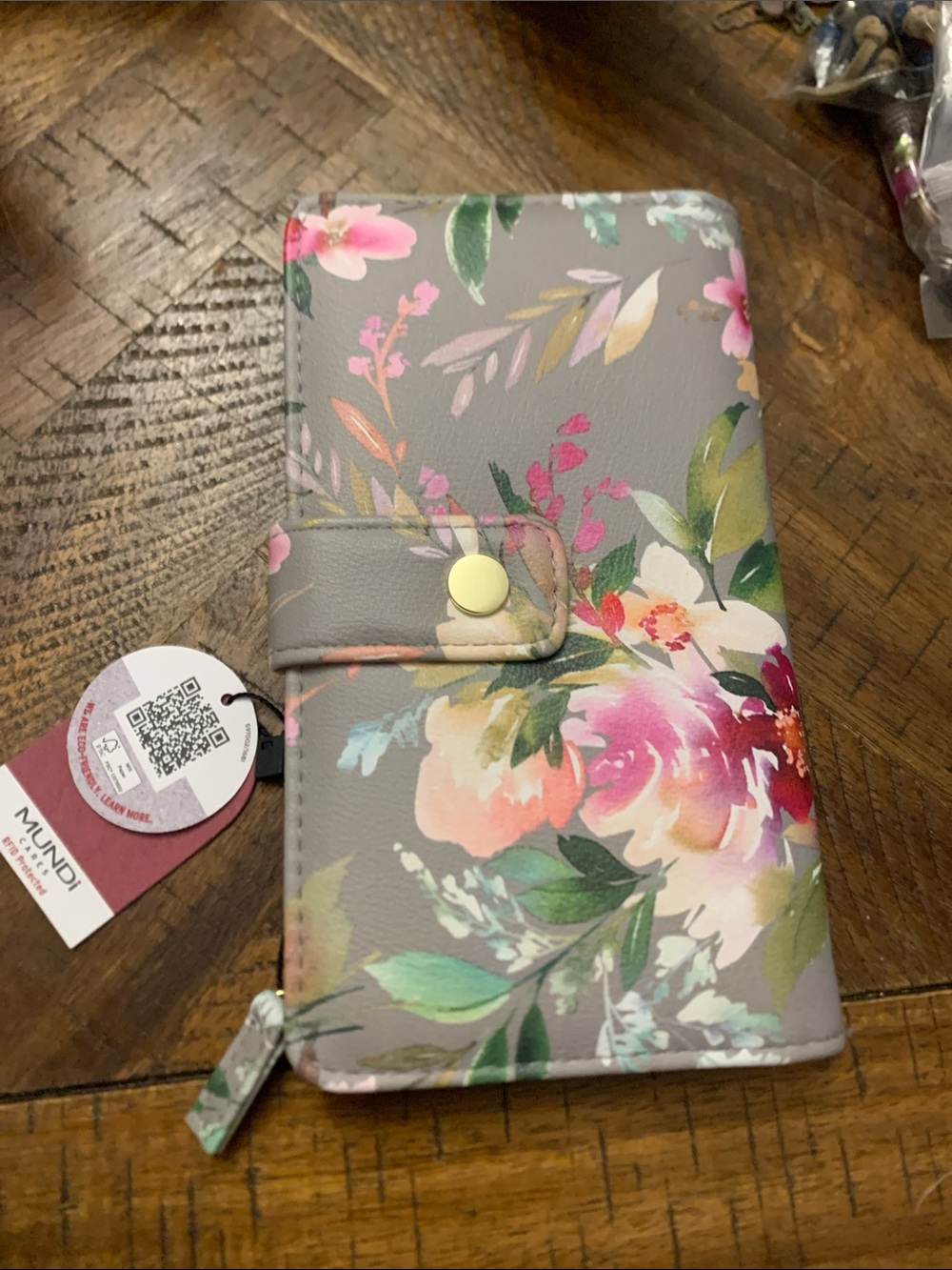 mundi Grey Floral Faux Leather Wallet with Pink & Green Accents